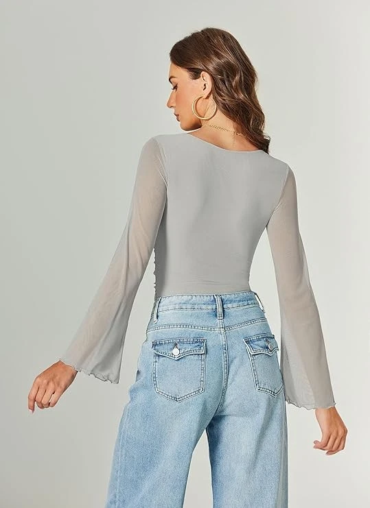 Women Mesh Square Neck Body Suits Going Out Ruched Concert high quality